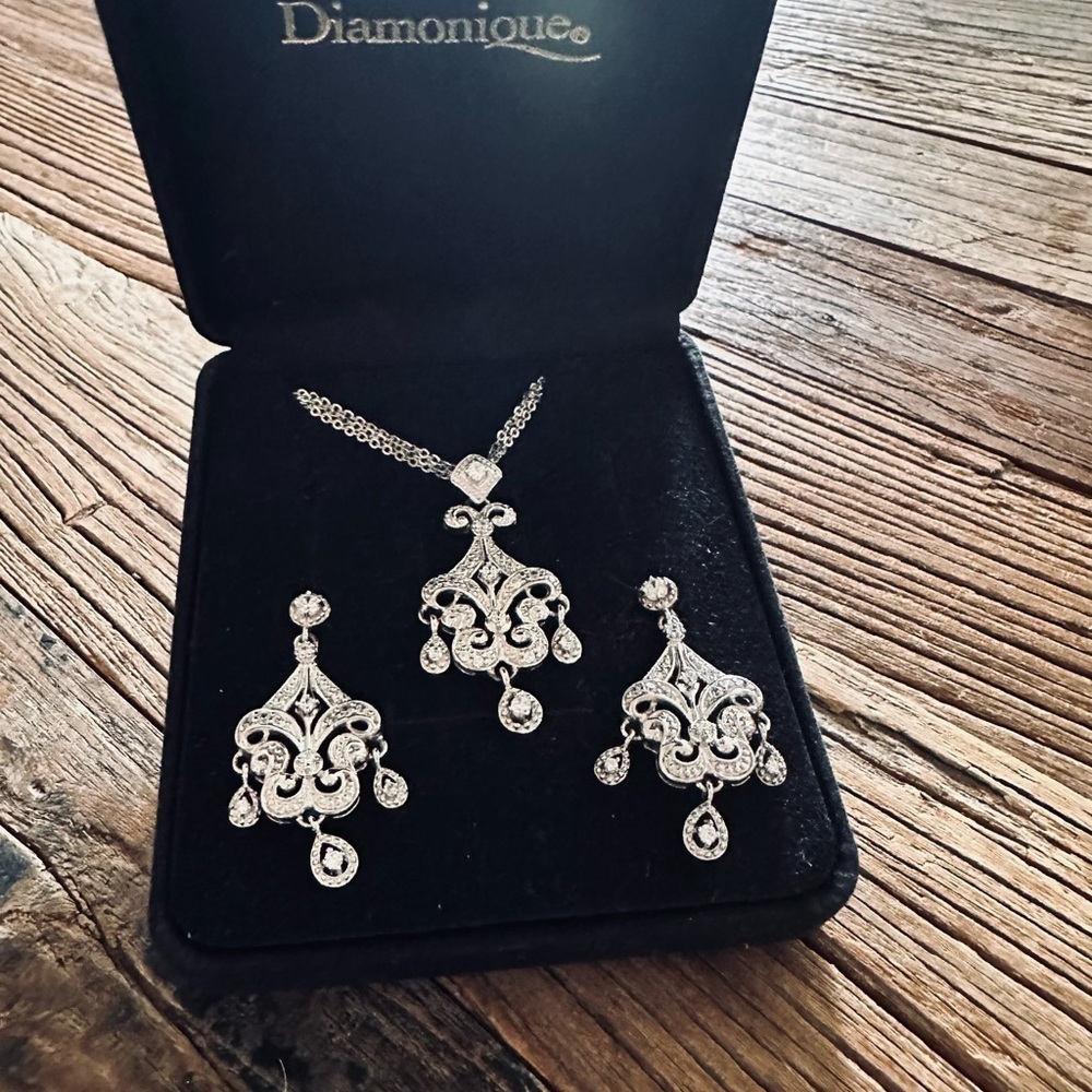 Diamonique Silver Drop Earrings with Vintage Scrollwork